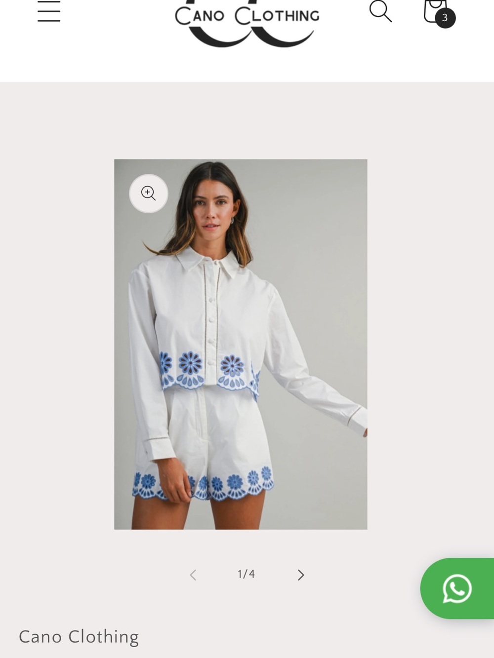 White Cropped Button-Down Set with Blue Floral Embroidery